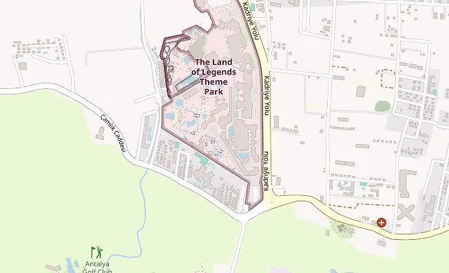 Uitsnede van een kaart met een pin op The Land of Legends in Kadriye, richting Belek