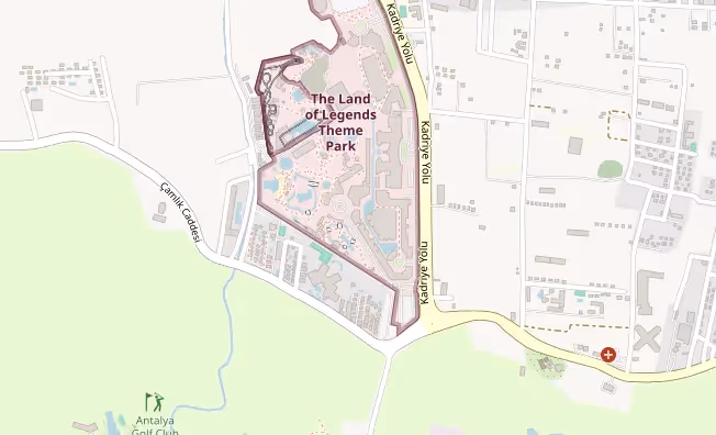Uitsnede van een kaart met een pin op The Land of Legends in Kadriye, richting Belek