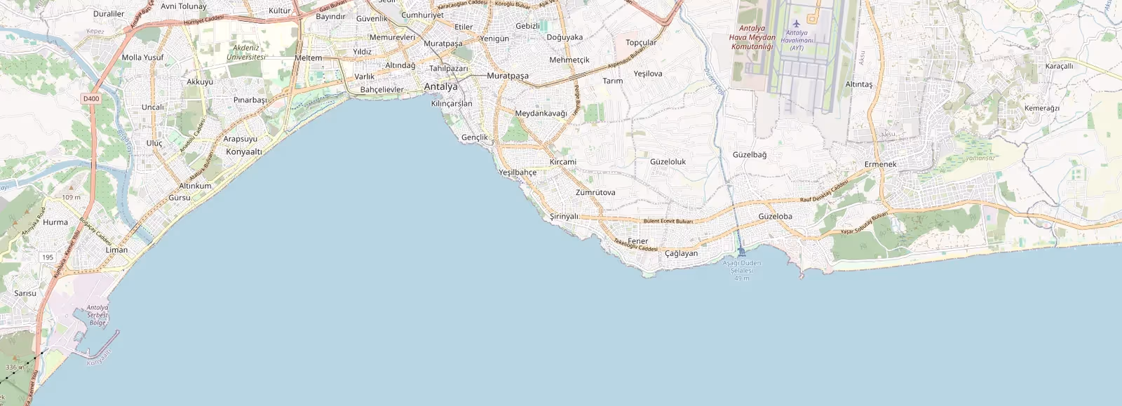 Kustkaart rond de stad Antalya, van het kiezelstrand van Konyaaltı tot de resorts van Lara