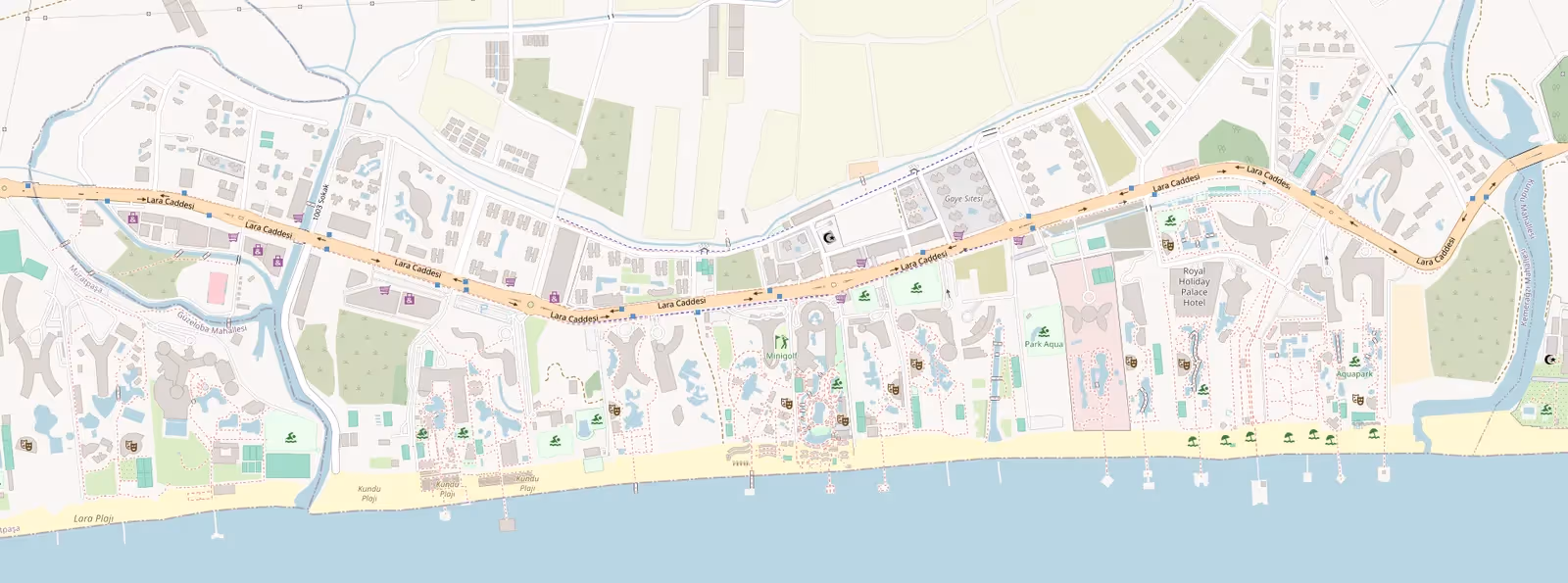 Kaart van de kust van Lara bij Antalya met de Lara Caddesi, de hotels aan het strand en de zee